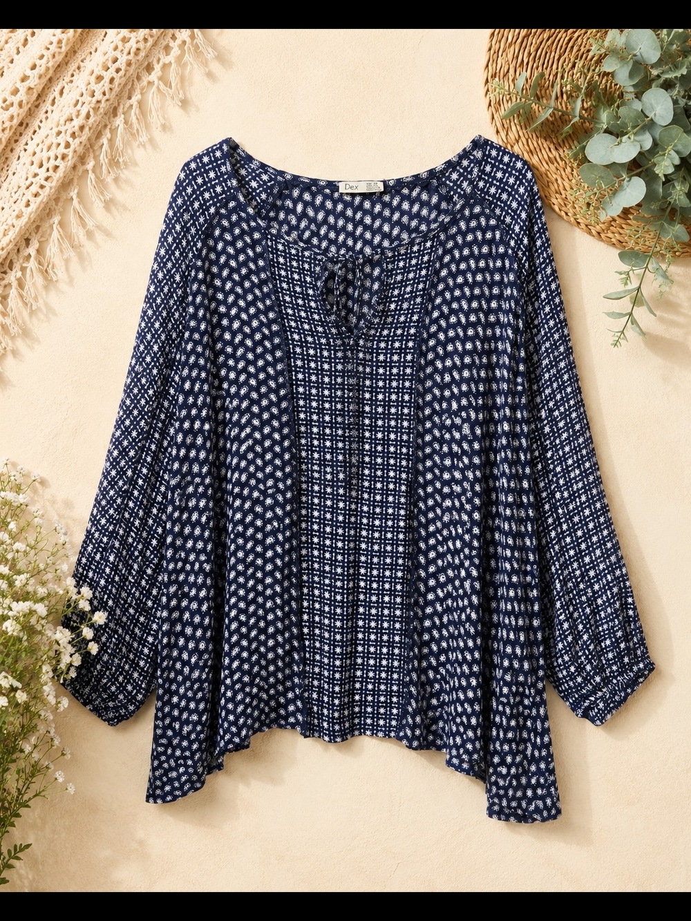 Dex 3X Navy Boho Peasant Blouse Plus Size